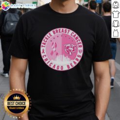 Official Tackle Breast Cancer Chicago Bears Football Skyline T-Shirt featuring team colors and iconic Chicago skyline design.