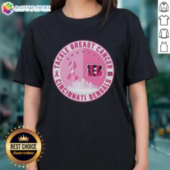 Official Tackle Breast Cancer Cincinnati Bengals Football Skyline Ladies Tee featuring team logo and skyline design.
