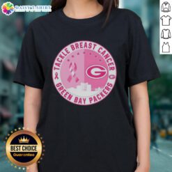 Official Tackle Breast Cancer Green Bay Packers football skyline ladies tee featuring team colors and logo design.