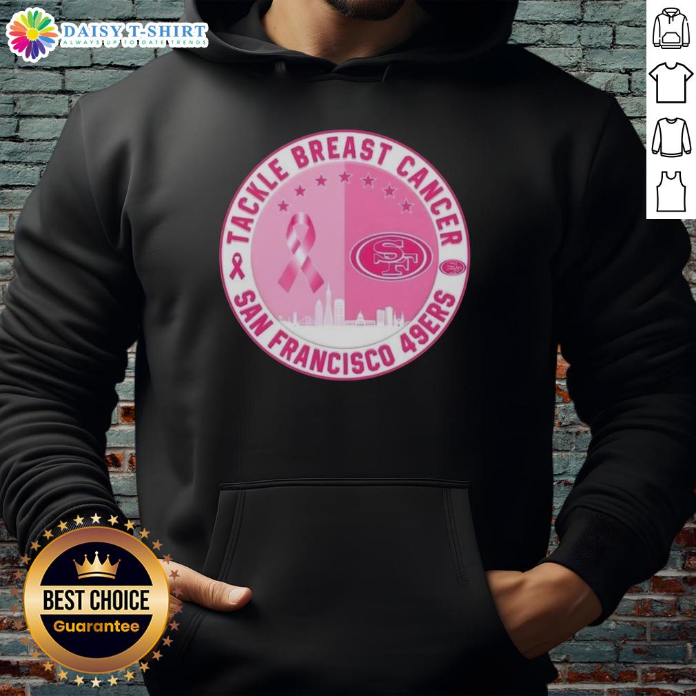San Francisco 49ers hoodie featuring skyline design, supporting breast cancer awareness with official tackle logo.
