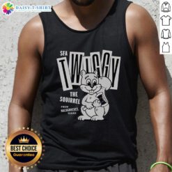 Official Twiggy the Campus Squirrel tank top featuring a playful squirrel graphic, perfect for college apparel.