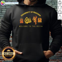 University of Montana 'Welcome to the Mecca' hoodie showcasing vibrant design and school spirit in a cozy fit.