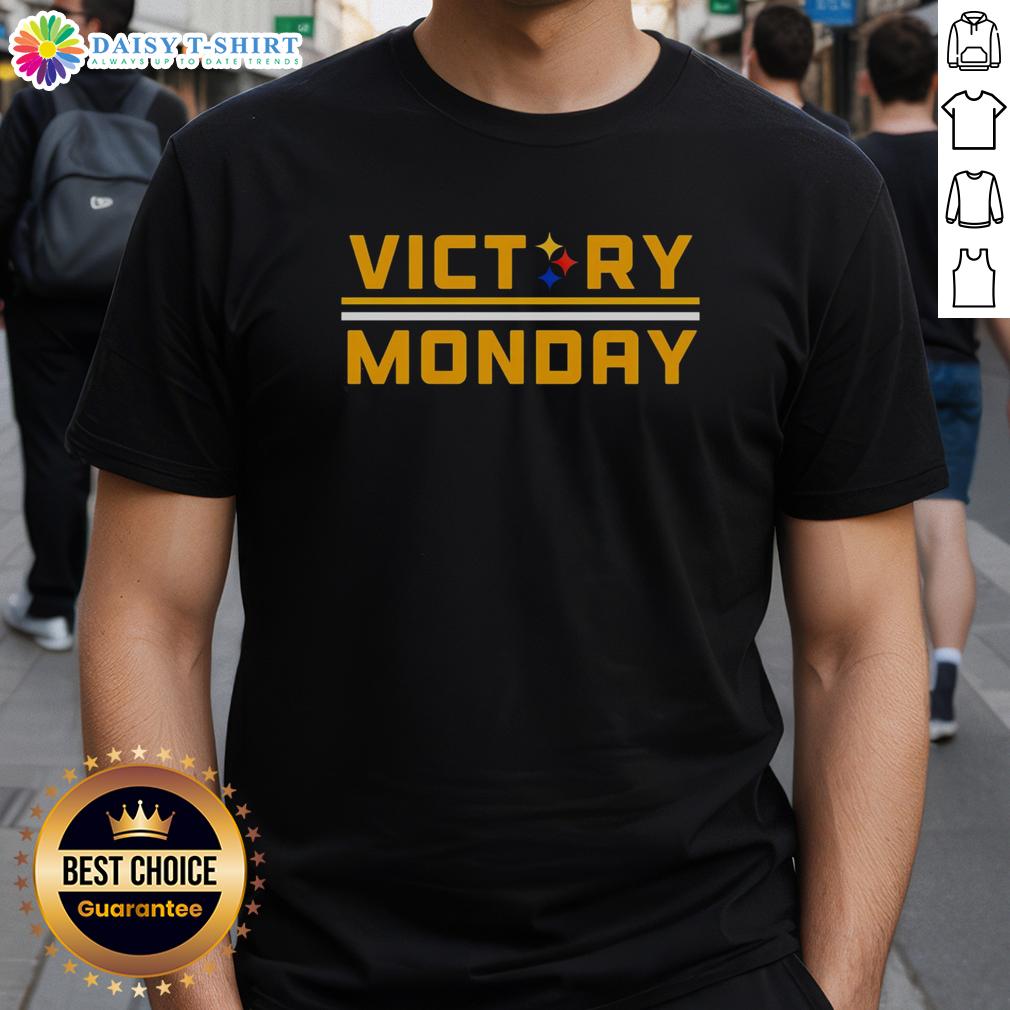 Official Victory Monday Pittsburgh Steelers T-Shirt featuring team logo and bold design for fans celebrating a win.