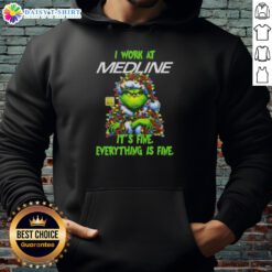 Premium Grinch Christmas Tree hoodie featuring 'I work at its fine everything is fine' design, perfect for holiday cheer.