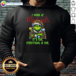 Premium Grinch Christmas Tree hoodie from Michaels featuring 'I Work At It's Fine Everything Is Fine' design.