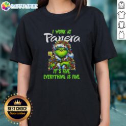 Premium Grinch Christmas Tree tee from Panera Bread: 'I Work At Its Fine, Everything Is Fine' design for ladies.