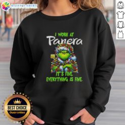 Alt Text: Premium Grinch Christmas Tree sweatshirt from Panera Bread, featuring I Work At Its Fine Everything Is Fine design.