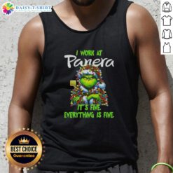 Alt Text: Premium Grinch Christmas Tree tank top from Panera Bread, featuring I work at, it's fine, everything is fine design.