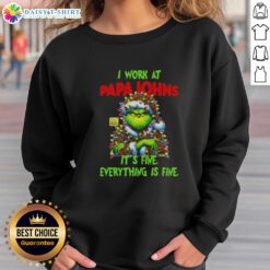 Premium Grinch Christmas Tree sweatshirt from Papa John's Pizza, featuring 'I work at it's fine everything is fine' slogan.