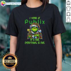 Premium Grinch Christmas Tree tee from Publix, featuring a humorous 'It's fine, everything is fine' design for ladies.