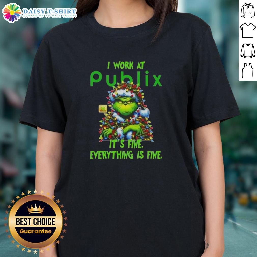 Premium Grinch Christmas Tree tee from Publix, featuring a humorous 'It's fine, everything is fine' design for ladies.