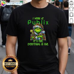 Premium Grinch Christmas Tree T-Shirt featuring 'I Work At It's Fine Everything Is Fine' slogan, perfect for festive cheer.
