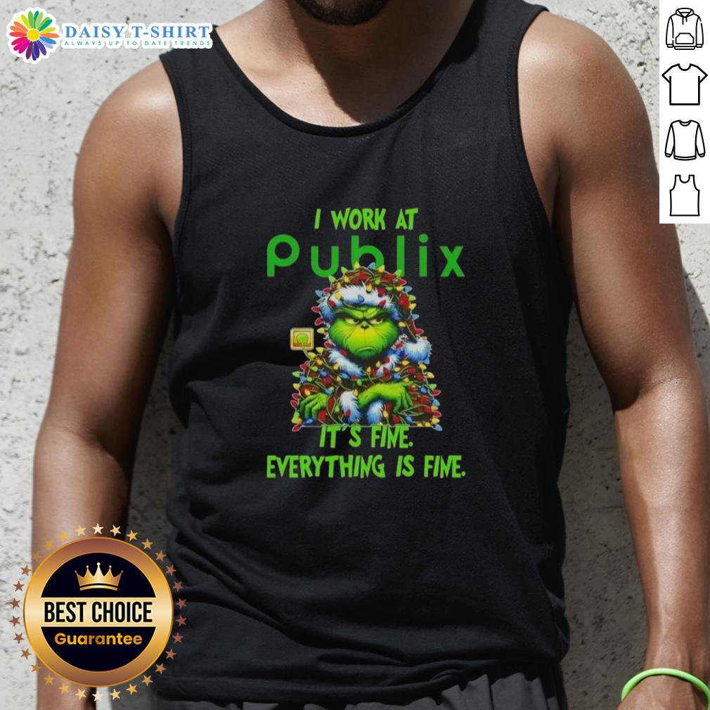 Alt Text: Premium Grinch Christmas Tree tank top from Publix, featuring 'It's Fine, Everything Is Fine' design in festive colors.