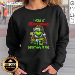 Premium Grinch Christmas Tree sweatshirt with 'I Work At It's Fine Everything Is Fine' design, perfect for festive cheer.
