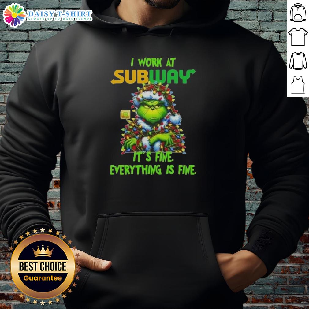 Premium Grinch Christmas Tree hoodie with 'I Work At It's Fine, Everything Is Fine' design for festive holiday style.