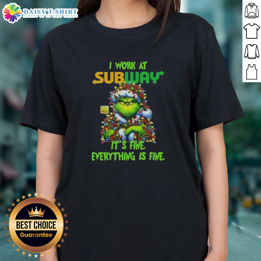 Premium Grinch Christmas Tree tee featuring 'I work at it's fine everything is fine' design for festive holiday spirit.