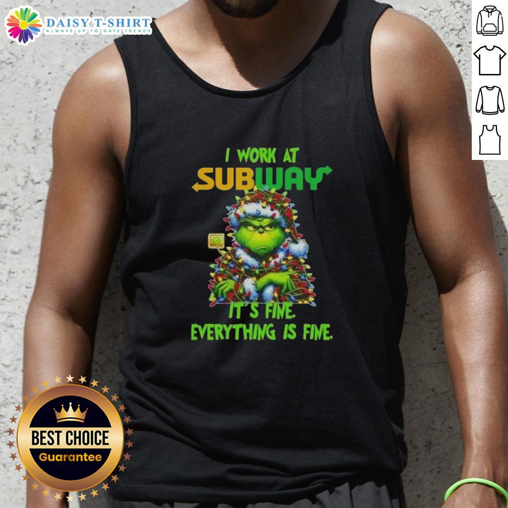 Alt Text: Premium Grinch Christmas Tree tank top featuring 'I Work At It's Fine Everything Is Fine' design for festive style.