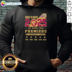 Brisbane Lions back-to-back premiers hoodie for the 2025 AFL Grand Final, showcasing team colors and logo.