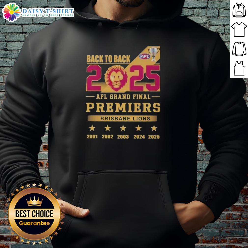Brisbane Lions back-to-back premiers hoodie for the 2025 AFL Grand Final, showcasing team colors and logo.