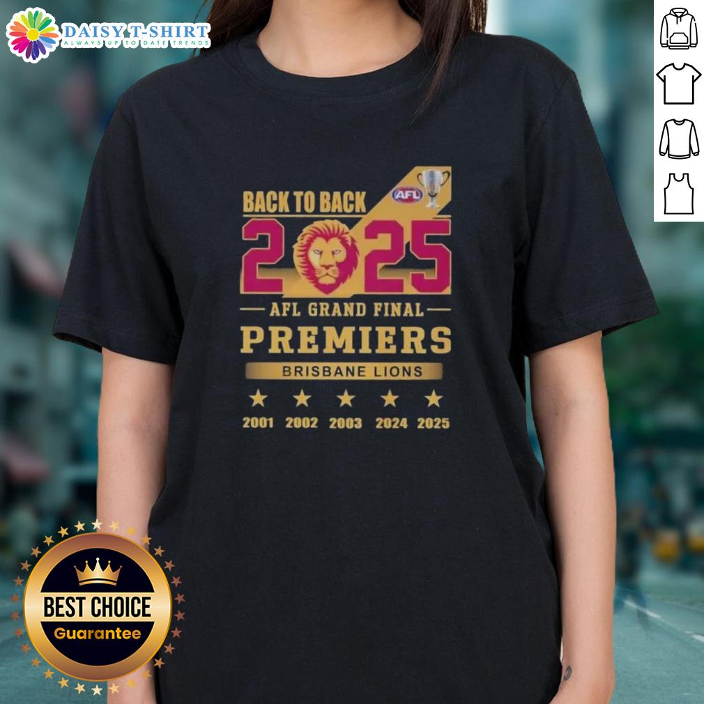 Brisbane Lions Ladies Tee celebrating back-to-back premiers in the 2025 AFL Grand Final.