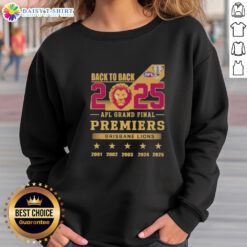 Alt Text: Brisbane Lions back-to-back premiers sweatshirt celebrating the 2025 AFL Grand Final victory with team logo.