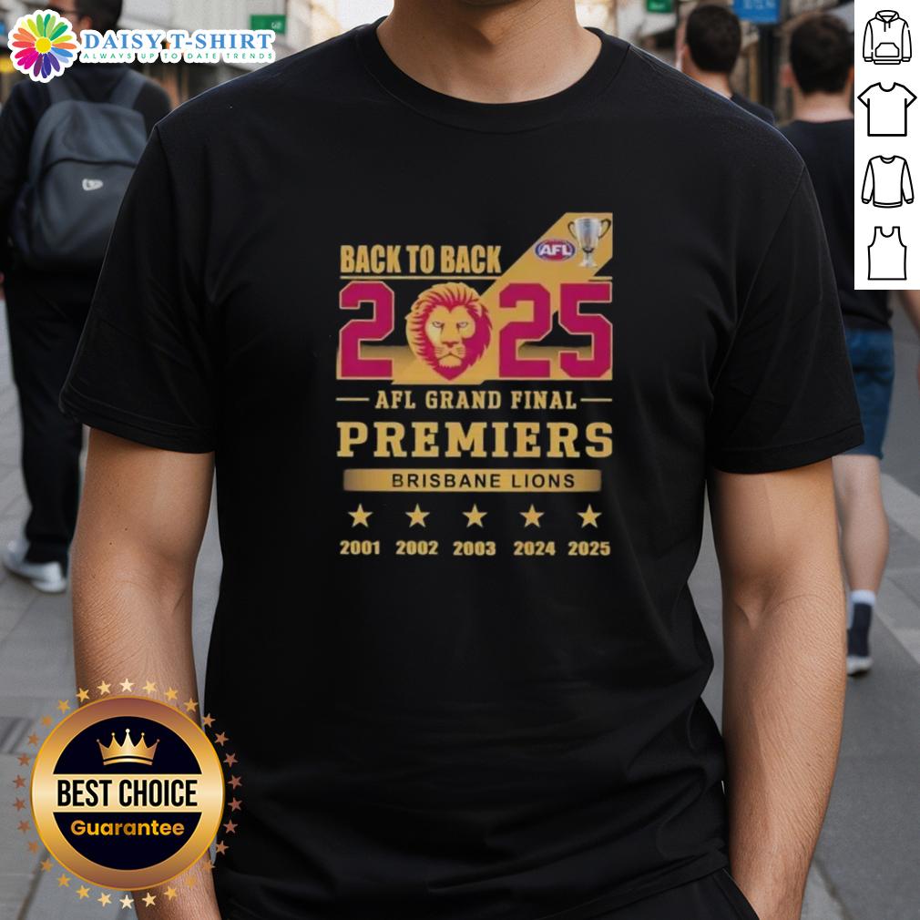 Brisbane Lions T-Shirt celebrating back-to-back 2025 AFL Grand Final premiers, featuring vibrant team colors and logo.