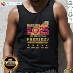 Brisbane Lions tank top celebrating back-to-back premiers in the 2025 AFL Grand Final, perfect for fans.