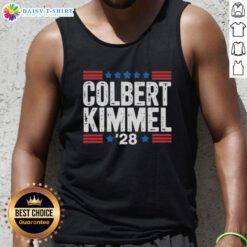 Top Colbert Kimmel 28 Stars Tank Top featuring vibrant graphic design and comfortable fit for summer wear.