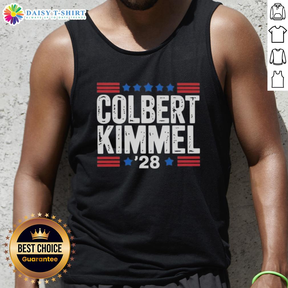 Top Colbert Kimmel 28 Stars Tank Top featuring vibrant graphic design and comfortable fit for summer wear.