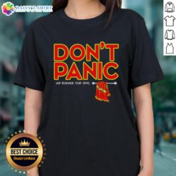Stylish 'Don't Panic And Remember Your Towel' ladies tee in vibrant colors, perfect for fans of the Hitchhiker's Guide to the Galaxy.