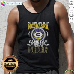 Green Bay Packers tank top with 'I May Live In Nebraska' slogan, perfect for game day fans supporting their team.
