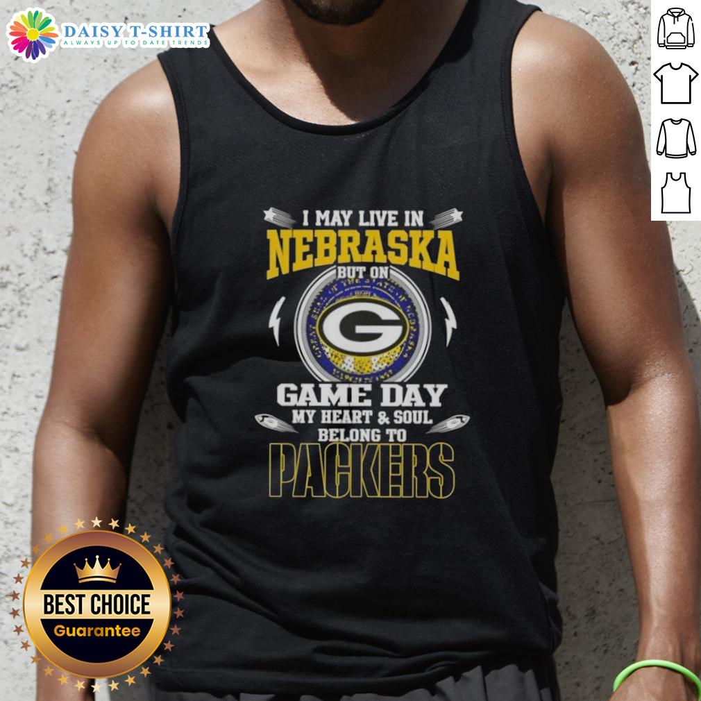 Green Bay Packers tank top with 'I May Live In Nebraska' slogan, perfect for game day fans supporting their team.