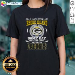 Green Bay Packers ladies tee featuring 'I May Live In Rhode Island But On Game Day My Heart Belongs To Packers' design.