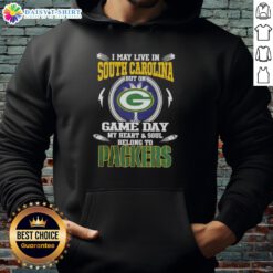 Green Bay Packers hoodie with 'I May Live In South Carolina' print, perfect for game day fans showing team pride.