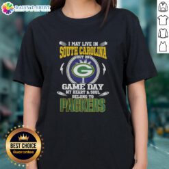 Green Bay Packers ladies tee featuring 'I May Live In South Carolina' text, perfect for game day attire.