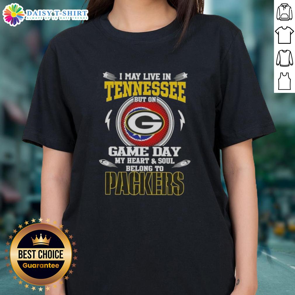 Green Bay Packers ladies tee shirt with 'I may live in Tennessee but my heart belongs to the Packers' slogan.