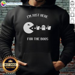 Cozy 'Just Here for the Boos' hoodie, perfect for Halloween and fall fashion, featuring a playful ghost graphic.