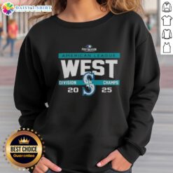Seattle Mariners 2025 AL West Division Champions sweatshirt showcasing team colors and logo, perfect for MLB postseason fans.