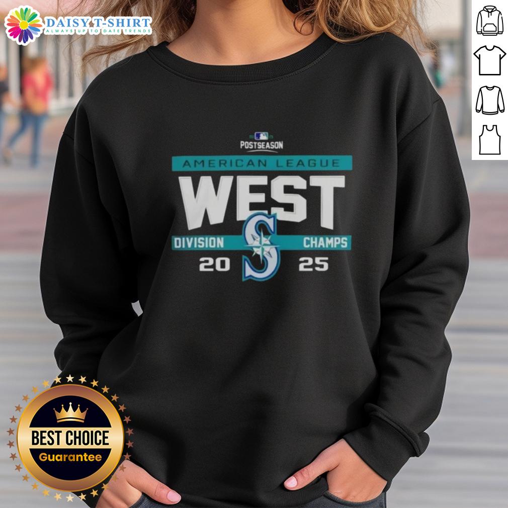 Seattle Mariners 2025 AL West Division Champions sweatshirt showcasing team colors and logo, perfect for MLB postseason fans.