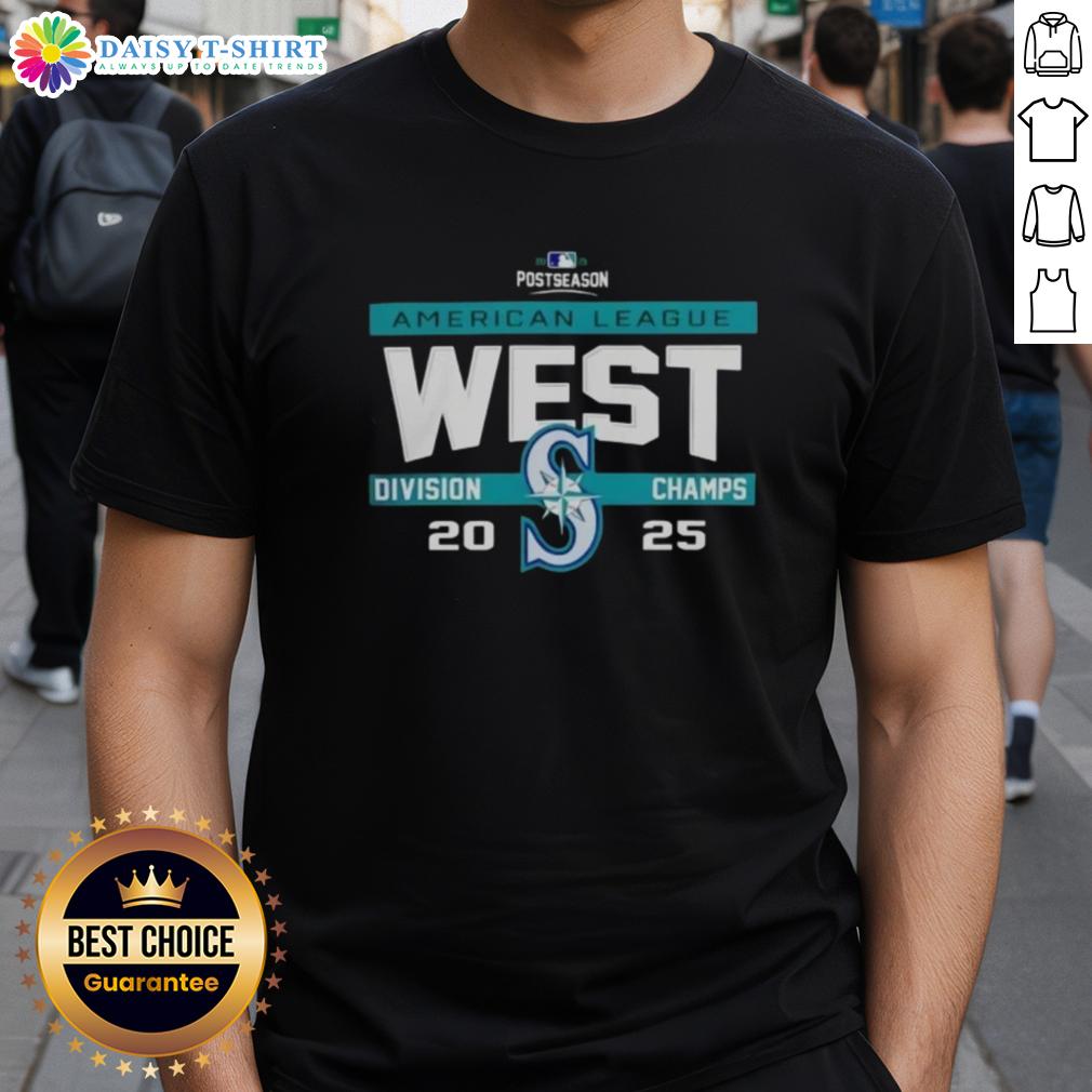 Alt Text: Seattle Mariners AL West Division Champions 2025 T-Shirt showcasing team pride in MLB postseason celebration.