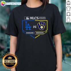 Top Milwaukee Brewers vs Los Angeles Dodgers 2025 NLCS Matchup ladies tee featuring team logos and vibrant colors.
