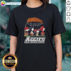 Alt Text: Top Peanuts Snoopy and Friends holiday tee for Aggies New Mexico State ladies, celebrating the most wonderful time of the year.