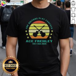 Top The Guitars Play Forever Ace Frehley 1951 USA 2025 Music T-Shirt featuring a vibrant design for rock fans.