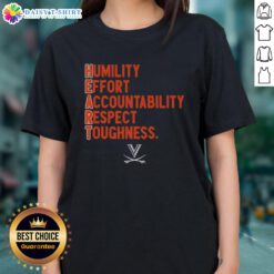 Top Virginia Cavaliers Football H.E.A.R.T. Ladies Tee showcasing Humility, Effort, Accountability, Respect, Toughness design.