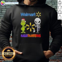 Happy Hallothanksmas hoodie featuring Walmart's Grinch and Jack Skellington giving a friendly fist bump.