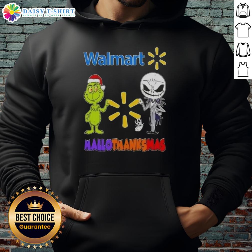 Happy Hallothanksmas hoodie featuring Walmart's Grinch and Jack Skellington giving a friendly fist bump.