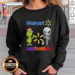 Alt Text: Top Walmart X Grinch and Jack Skellington fist bump on a festive Hallothanksmas sweatshirt design.