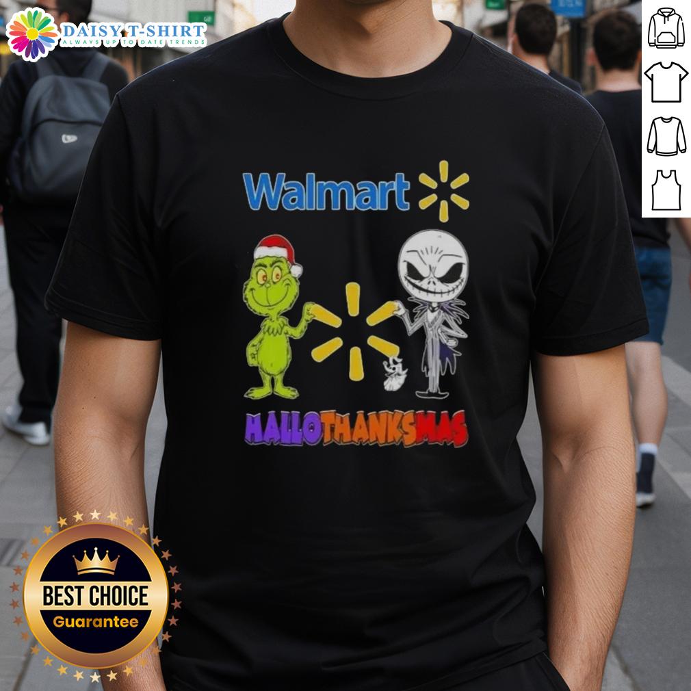 Alt Text: Top Walmart X Grinch and Jack Skellington Friends Fist Bump T-Shirt for Happy Hallothanksmas celebration.