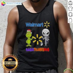 Alt Text: Top Walmart X Grinch and Jack Skellington Friends Fist Bump Happy Hallothanksmas Tank Top for festive celebrations.
