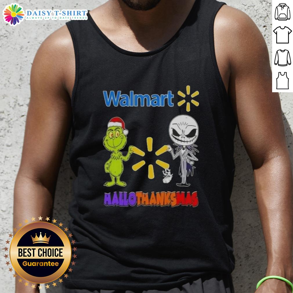 Alt Text: Top Walmart X Grinch and Jack Skellington Friends Fist Bump Happy Hallothanksmas Tank Top for festive celebrations.